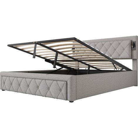 Lit capitonné coffre 160x200 gris en lin avec LED, ports USB et sommier à lattes en bois HOMVRA (1/5)
