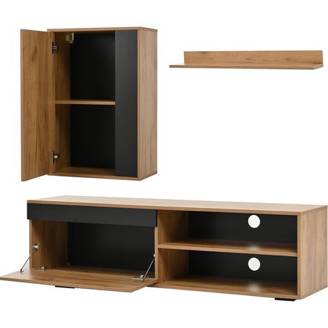 Ensemble meuble TV complet 3 pièces en panneau de particules 140x35x39 cm bois naturel et noir (1/5)