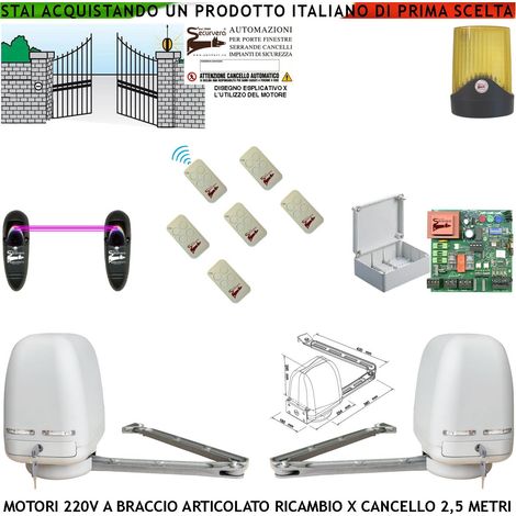 Cancello Elettrico 2 Motori a Braccio Articolato 220 V Spinta 250 NM per 2 Ante da da 0,5 a 2,5 Metri Centrale 6 Radiocomandi Fotocellule Faro Cartello Monitore (1/4)