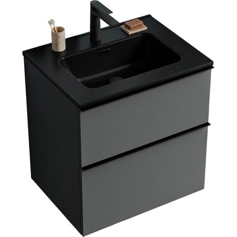 Waschtischunterschrank Bernstein LAVOA 60 cm mit Waschbecken - Badmöbelfarbe Anthrazit matt, Waschbecken Schwarz matt, Griff Chrom (1/5)