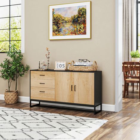 Credenza/mobile contenitore per soggiorno con 3 cassetti e ripiano regolabile, gambe in acciaio, maniglie in lega di alluminio.