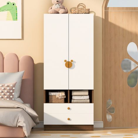 Armadio singolo, 70 × 50 × 170 cm, con due cassetti, maniglie delle ante con design a cartone animato e piccoli vani portaoggetti, colore legno. (1/5)
