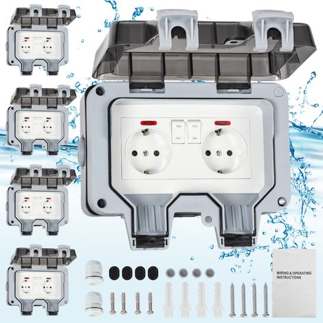 Jiubiaz 5X Außensteckdose Gartensteckdose Outdoor Steckdose IP66 16A Wasserdicht Staubdicht Wandsteckdose 2 Loch mit Schalter