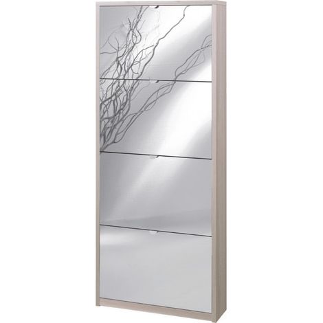 Étagère à chaussures à 4 portes avec miroir, 63 cm (L) x 18 cm (P) x 154 cm (H), finition orme clair, Sarmog (1/2)