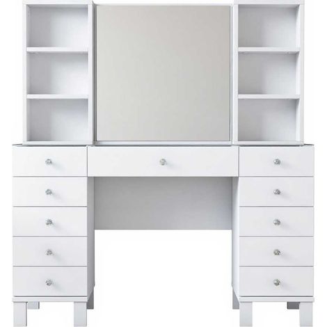 Coiffeuse 11 tiroirs avec miroir et plateau transparent 120 cm blanc (1/4)