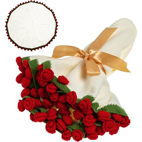Bouquet de roses artificielles - Modèle tricoté au crochet - Décoration intérieure - 109 cm de diamètre - 52 fleurs - Rouge (1/5)