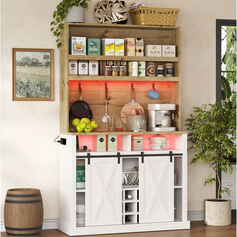 Buffet de cuisine haut avec LED, prises USB, porte coulissante et casier à vin 110x40x191 cm MDF (1/5)