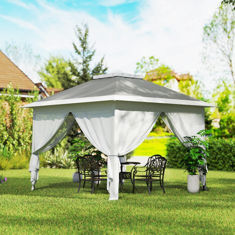 Höhenverstellbarer Gartenpavillon mit Moskitonetzen, Metall und Oxford-Gewebe, 3,3 x 3,3 x 2,8 m, Dunkelgrau