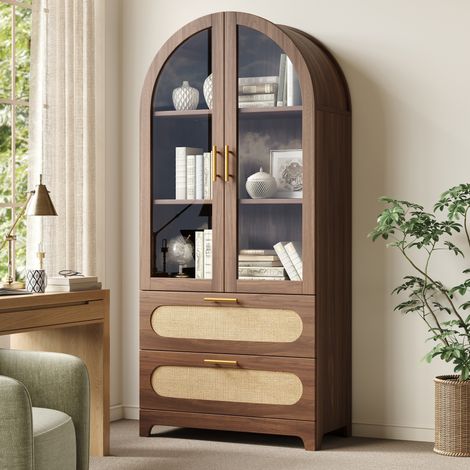 Vitrine arche Montmartre, portes vitrées et 2 tiroirs, MDF effet noyer, 80 x 40 x 175 cm (1/5)