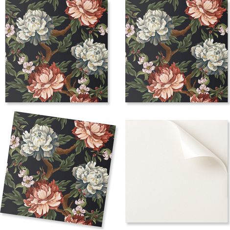 Azulejos autoadhesivos para pared de sal贸n con estampado floral sobre fondo de 4x50x50 cm.
