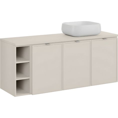 Set BRAZZA: Waschtischunterschrank 140 cm mit sichtbaren Fächern + Platte für Waschbecken + aufgesetztes rundes Waschbecken