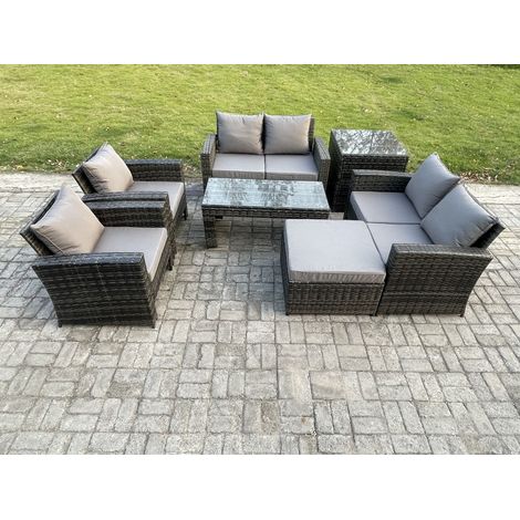 Fimous 7 Seater Dark Grey Mixed High Back Rattan Sofa Set Coffee Table Garden Furniture Outdoor Patio With Love Sofa Arm Chairs Big footstool Side Table (1/5)