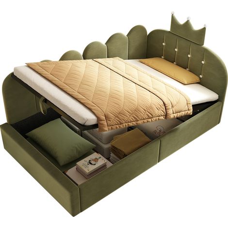 CHICFURN Lit cabane 90x200 cm en velours vert, lit de jour L-forme avec rangement hydraulique, design couronne et grille, sans matelas, pour chambre d'enfant (1/5)