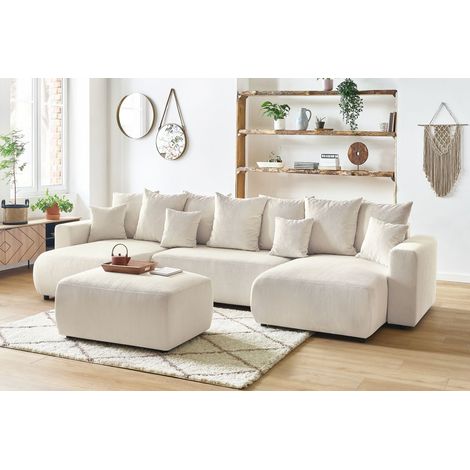 Bobochic – Canapé panoramique convertible coffre 6 places – Velours côtelé beige – Design vintage – Longueur 386cm – Confort ferme (1/5)