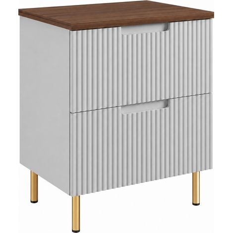 Meuble sous-vasque sur pieds 60 cm, 2 tiroirs, avec plan de travail, fermeture douce, Blanc / Plan Chêne noyer, pieds dorés, 60 x 46 x 73,6 cm (1/5)