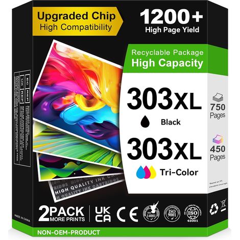 Encre 303XL BK/CMY - 750/450+ Pages, Remplacement pour e Cartouche HP 303 Noir et Couleur, pour HP Envy Inspire 7220e 7920e 7924e Envy Photo 6220 6230 6232 7120 7830 7930 Tango X (1/5)