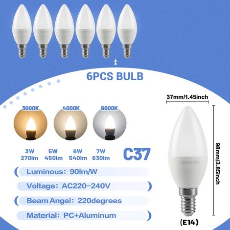 (6 ampoules, blanc chaud 3000K) Mini ampoules LED E14 C37, adaptées à l'éclairage des chambres, cuisines, hôtels et halls d'entrée. (1/5)
