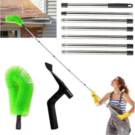 Brosse de gouttière 2 en 1 : nettoyeur de gouttières, ramasseur de feuilles et ramasse-feuilles. Pour le nettoyage des gouttières et l’élimination des feuilles et débris. Longueur : 2,85 m. (1/5)