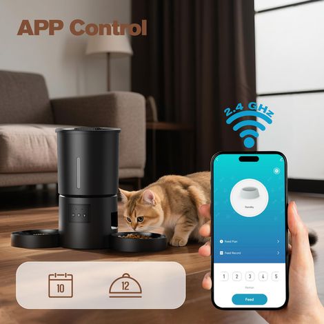 Distributeur de nourriture automatique pour chat et chien avec double gamelle, programmable par application smartphone, capacité 5L pour multi-animaux, alimentation double secteur et piles, contrôle d