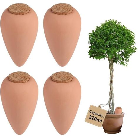 4 × 320ml Oyas Arrosage avec Liège, Arrosoir Terreau Plante Intérieur, Cône à Radis Olla pour Arrosage Automatique des Fleurs, Distributeur Eau Plante, pour Jardin, Potager, Pot en Terre Cuite