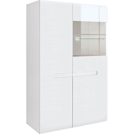 Vitrine à 2 portes avec éclairage LED,coloris Blanc/Blanc haute brillance - Longueur 90 x Profondeur 41 x Hauteur 145 cm (1/5)