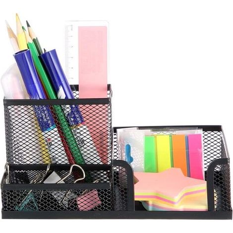 Porte-stylos à 3 compartiments - Porte-stylos - Bureau - Organiseur de bureau - Porte-stylos - Métal - Maille - Porte-stylos - Noir