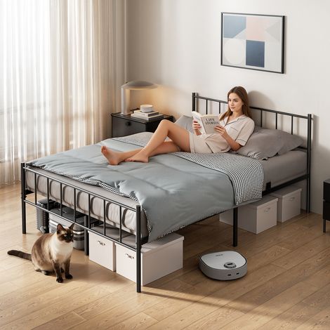 Sommier 140x190cm, cadre avec tête de lit et rangement 32cm, 14 lattes métalliques, pas besoin de sommier à ressorts, Silencieux, facile à monter, Noir