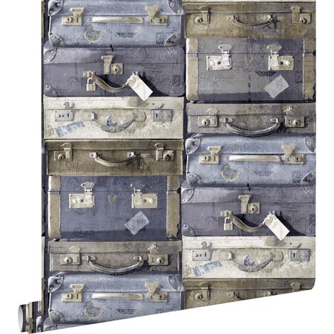 papier peint valises vintage bleu et marron  - ESTAhome