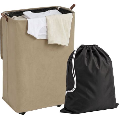 HOMCOM cesto de ropa sucia con tapa y ruedas, 50l, cesta de ropa sucia plegable con bolsa con cordón extraíble y lavable, 40x30x65 cm, camel (1/5)