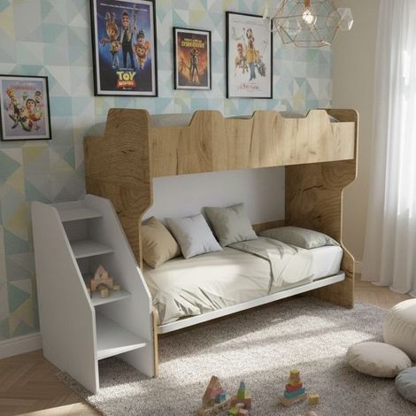 Letto a castello salvaspazio con terzo letto estraibile e scala laterale - Ideale per camerette - Quercia e Bianco