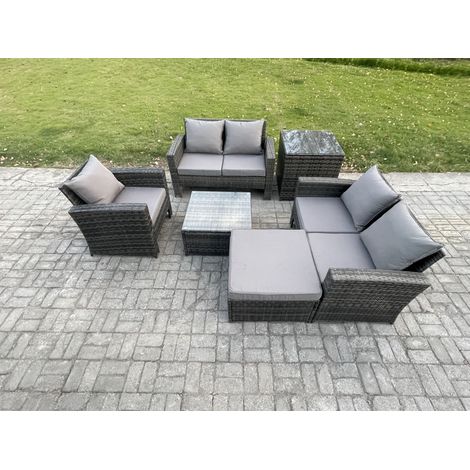 Fimous Outdoor Rattan Garden Furniture Set Conservatory Patio Sofa Coffee Table Set with Chair Big Footstool Side Table Dark Grey Mixed (1/5)