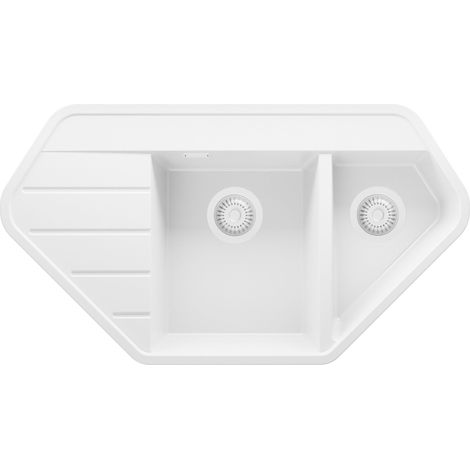 PRIMAGRAN Evier d'angle en Granit 90x50cm, Lavabo Cuisine 1,5 bacs + Kit de Vidage, Évier à Encastrer au meuble 80cm - Copenhague Corner, Tout Blanc