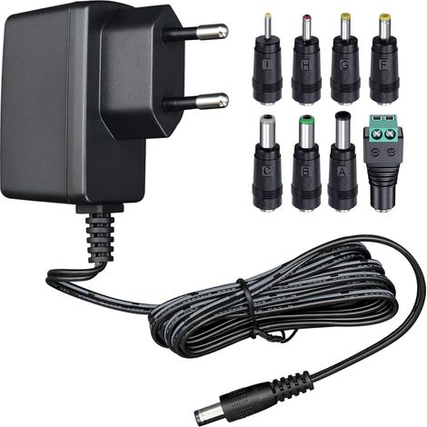 Adaptateur d'alimentation 12 V 0,5 A 1,8 m, Adaptateur de Commutation CA CC (entrée 100-240 V, Sortie 12 V 0,5 A), Prise de transformateur à Montage Mural avec 8 Prises interchangeables (1/5)