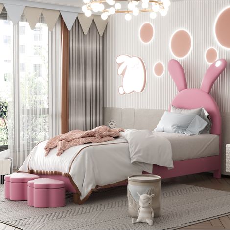 Letto 90x200 in velluto rosa con contenitori, LED e orecchie da coniglio, DESVIAE (1/5)