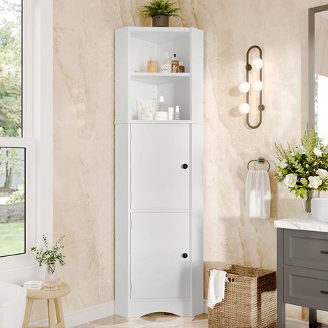 Mueble de baño esquinero moderno en MDF lacado blanco, 2 puertas, 2 huecos abiertos, estantes regulables, 51,7x32x155,4 cm (1/5)