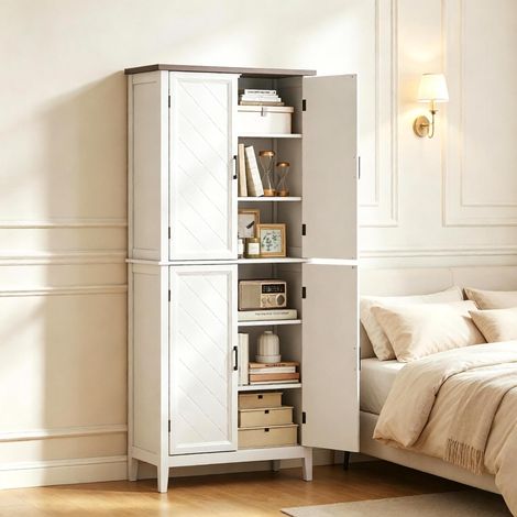 Buffet de cuisine vaisselier - 76 x 40 x 178,5 cm armoire de cuisine avec 4 portes vitrées et étagères réglables - mdf style campagnard - blanc et marron (1/5)