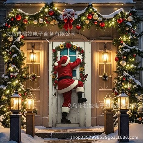 Bannière de porte de Noël/Polyester/90x180cm/Design Père Noël et Bonhomme des neiges/Rouge et Or (1/2)