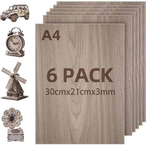 Lot de 6 Contreplaqué Noyer 3mm A4,300 x210mm Panneau Feuille Découpe Laser Planche Bois pour Pyrogravure, Gravure, projet de bricolage, Maquette (1/5)