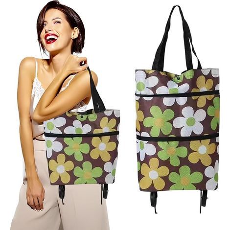 Carrello della spesa, carrello portatile, borsa della spesa pieghevole in tessuto Oxford, borsa della spesa riutilizzabile, borsa della spesa con ruote, verde ed ecologico (stampa caffè) (1/5)