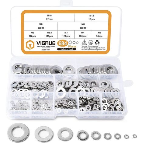 684-teiliges Sortiment an Unterlegscheiben aus Edelstahl 304, M2, M2,5, M3, M4, M5, M6, M8, M10, M12, Unterlegscheiben für Dichtungsschrauben, Dichtungsringe, inklusive Box (grau) (1/5)