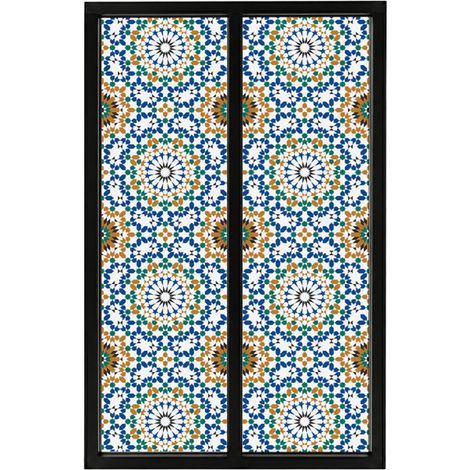 Verrière atelier intérieure aluminium noir 2 vitrages 69 x 117 cm - Décor oriental - Zeljane - bleu et multicolore et transparent - Verre trempé (1/5)