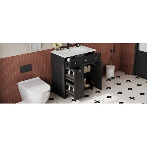 Meuble vasque noir en MDF avec vasque en céramique, 3 tiroirs et 1 placard à fermeture douce pour salle de bains et toilettes (1/5)