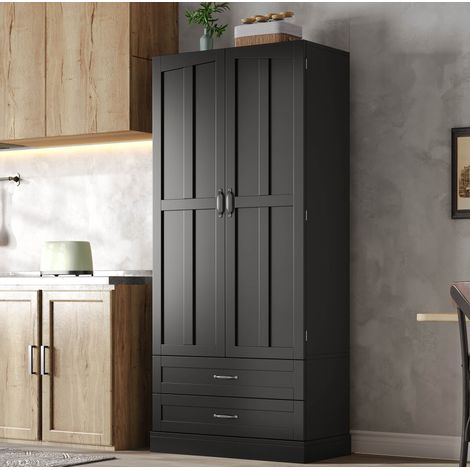 Mueble de cocina alto 180x80x37,5 cm con 3 estantes extraíbles, 2 cajones, MDF negro (1/5)