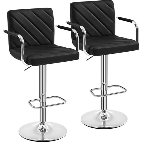 Homevive Juego de 2 Taburetes de Bar de Polipiel Sillas de Bar Giratorias de Altura Ajustable con Respaldo Reposapiés Reposabrazos para Bar Cocina Hogar Negro