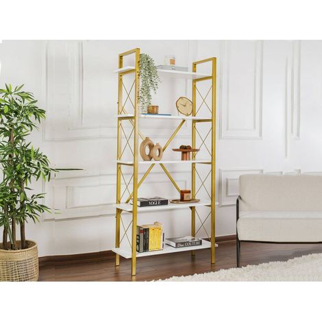 Dmora - Estante para libros Suriel, Estante de oficina, Porta libros móvil, Biblioteca, 90x34 h180 cm, Blanco y Oro (1/5)