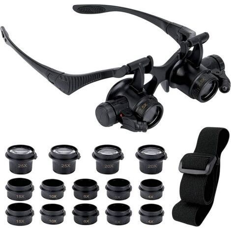 Loupe avec 2 lumières LED, 8 lentilles amovibles, loupe montée sur la tête, loupe mains libres pour réparation, lecture, bijoux, montres (2,5X 4X 6X 8X 10X 15X 20X 25X) (1/5)