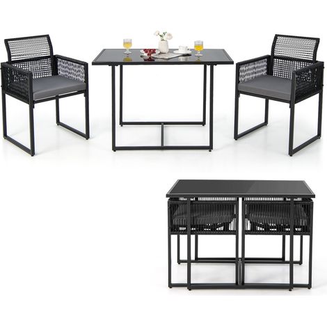 3 PCS Outdoor Dining Set Patio PE Rattan Furniture Set w/ Backrest & Cushions