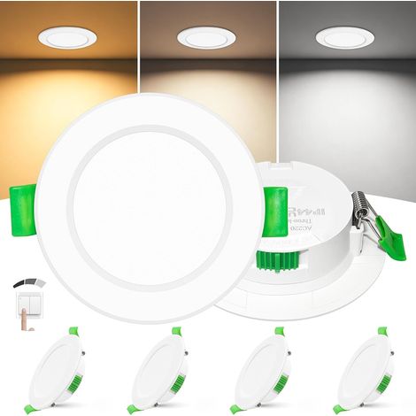Spot LED Encastrable Extra Plat 25mm Lot de 4, 6W, Spots de Plafond Dimmable 3 Intensités Sans Variateur, 2700K 4000K 6000K, IP44 Spot Salle de Bain, Découpe Ø58-68mm 230V, Blanc (1/5)