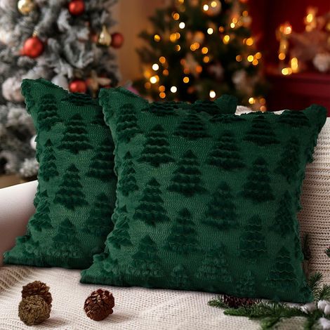 Lot de 2 housses de coussin de Noël 45 x 45 cm, motif sapin de Noël, pour canapé, décoration douce pour le bureau (vert) (1/4)