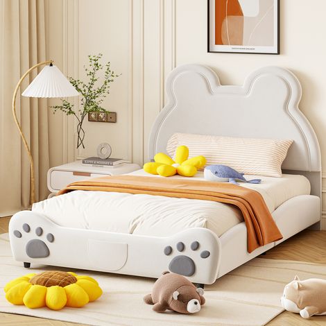 Cama infantil 140x200 cm blanca tapizada - forma de oso con 12 lamas (1/5)